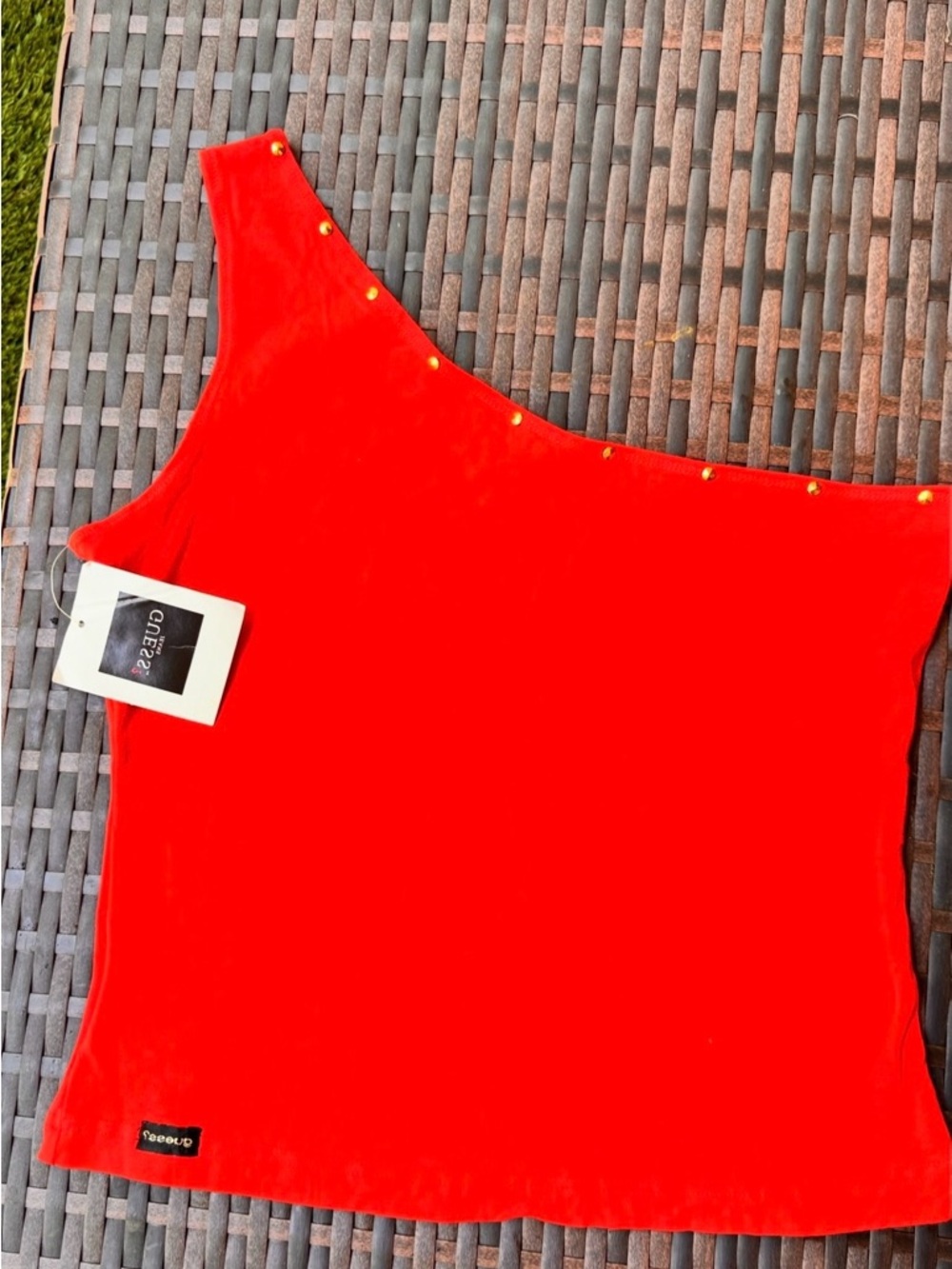 Guess Red One-Shoulder Tank Top with Gold Studs